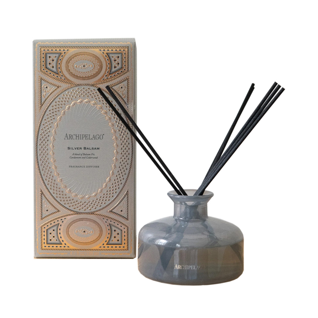 Archipelago Silver Balsam Diffuser, grey glass bottle and grey box with gold accents thumbnail 1