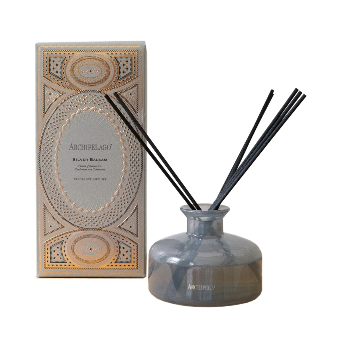Archipelago Silver Balsam Diffuser, grey glass bottle and grey box with gold accents