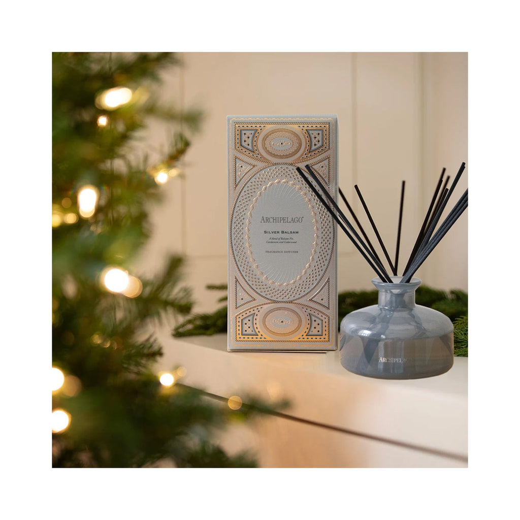 Archipelago Silver Balsam Diffuser, grey glass bottle on a mantel thumbnail 3