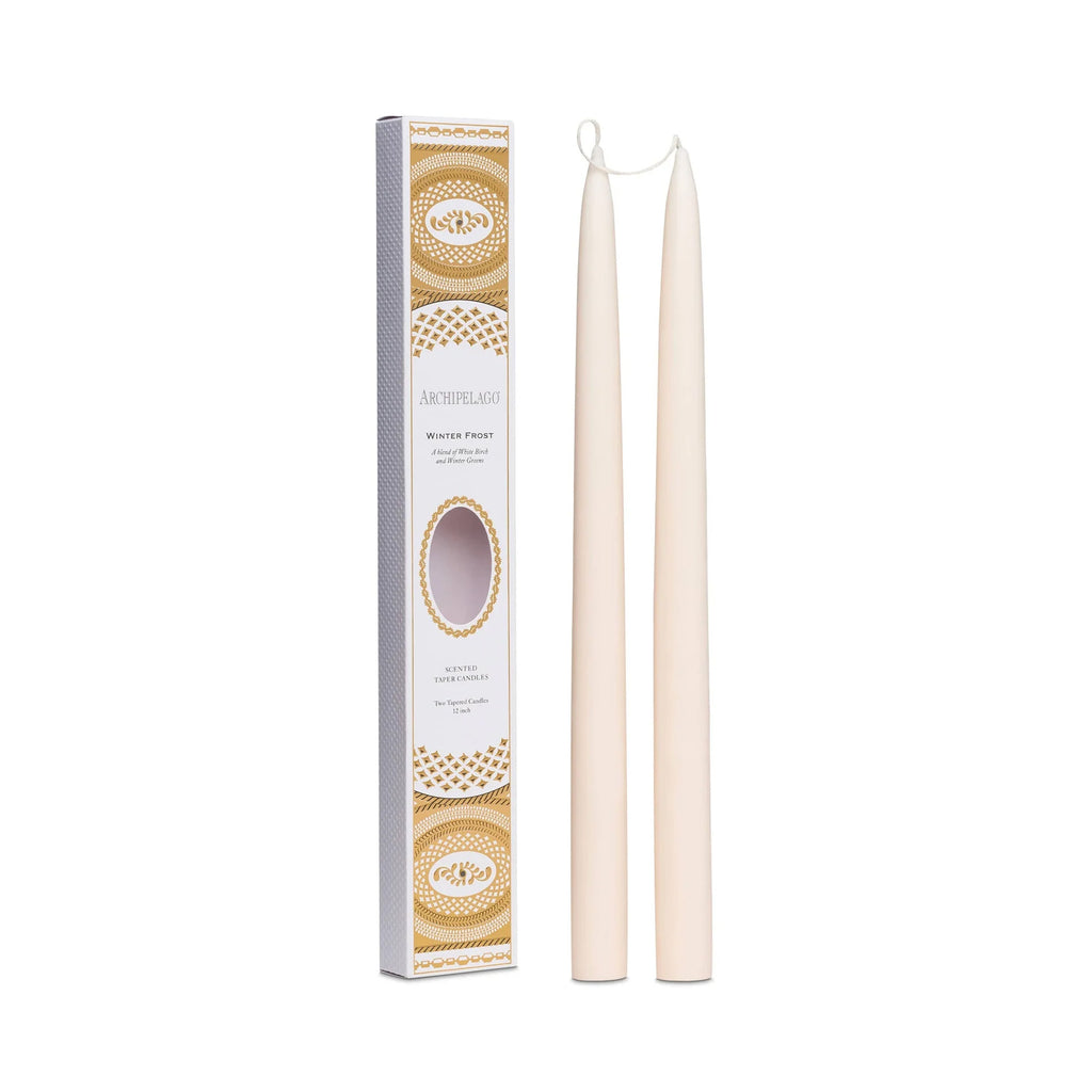 Archipelago Winter Frost Tapered Candle Set of Two white tapered candles, white box with gold accents thumbnail 1