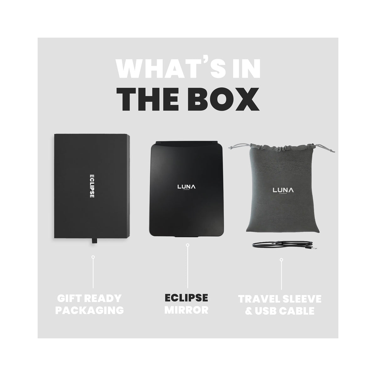 LUNA London ECLIPSE Rechargeable LED Travel Mirror with 3 Light Modes / MATTE BLACK, image 46179650502806