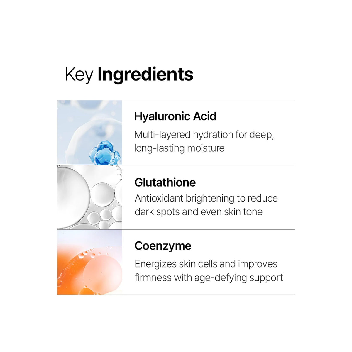 A clean informational graphic titled 'Key Ingredients' with three product benefit callouts: Hyaluronic Acid for hydration, Glutathione for brightening, and Coenzyme for skin firmness., image 46267784069270