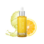 Essenciel Bright Forte Ampoule 1.69 oz yellow bottle with dropper. with a yellow water splash, shown with a citrus slice