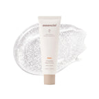 Essenciel PDRN Ceramide Capsule Cream 1.69oz, white squeeze tube and a swatch of clear gel with white ceramide beads