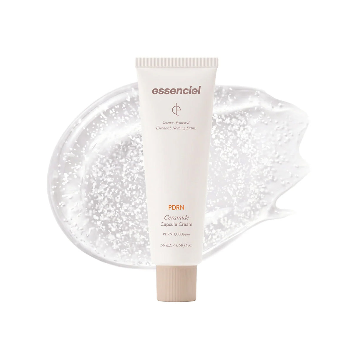 Essenciel PDRN Ceramide Capsule Cream 1.69oz, white squeeze tube and a swatch of clear gel with white ceramide beads, image 46267917238422