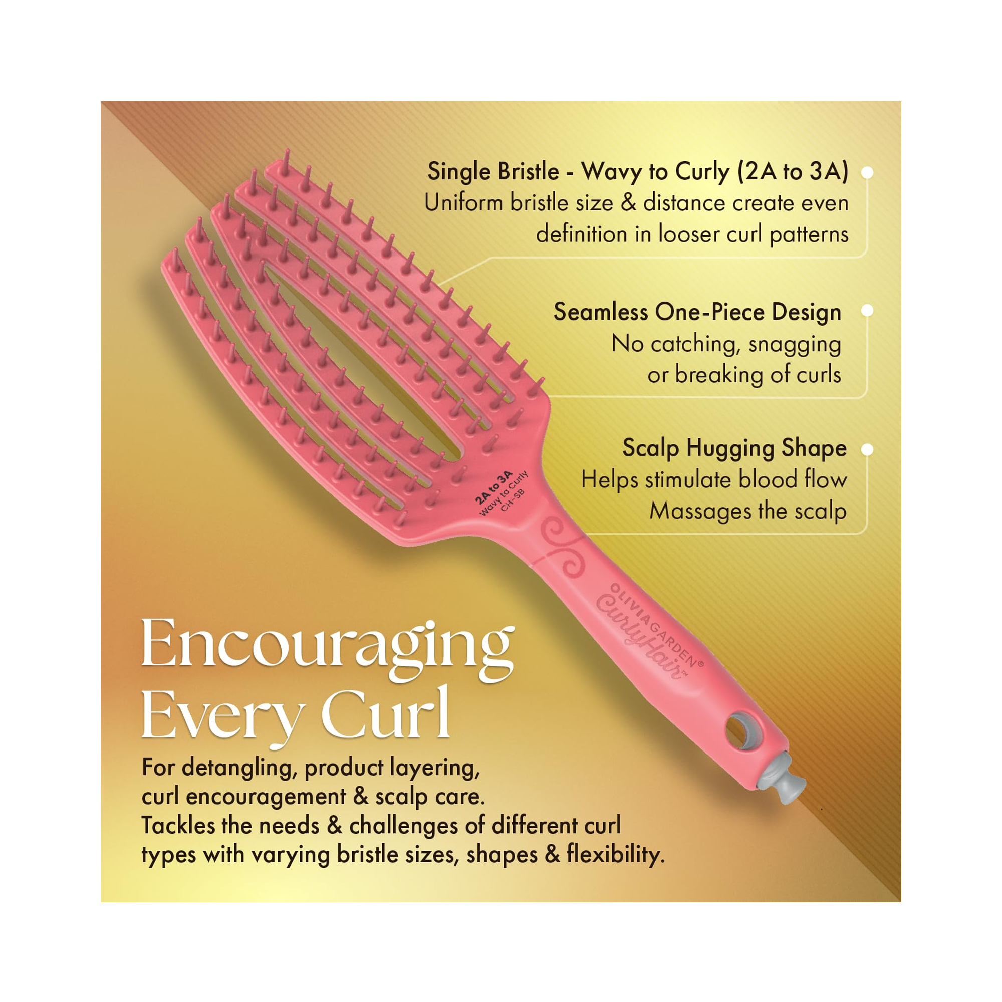 Olivia Garden CurlyHair Single Bristle Vented Brush - Pink / WAVY TO CURLY