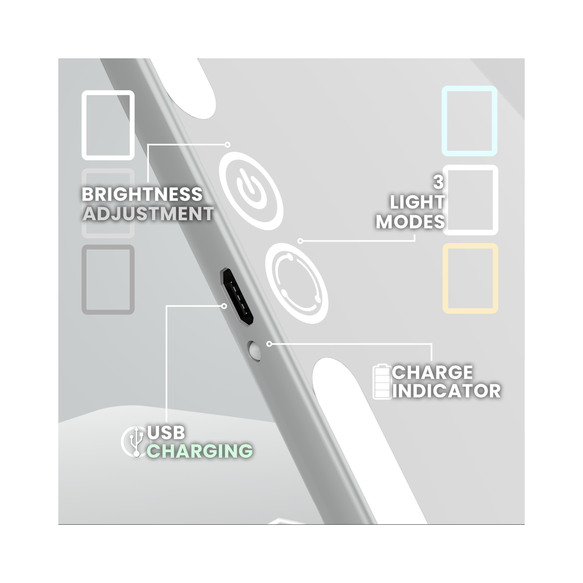 LUNA London ECLIPSE Rechargeable LED Travel Mirror with 3 Light Modes / CHALK GREY