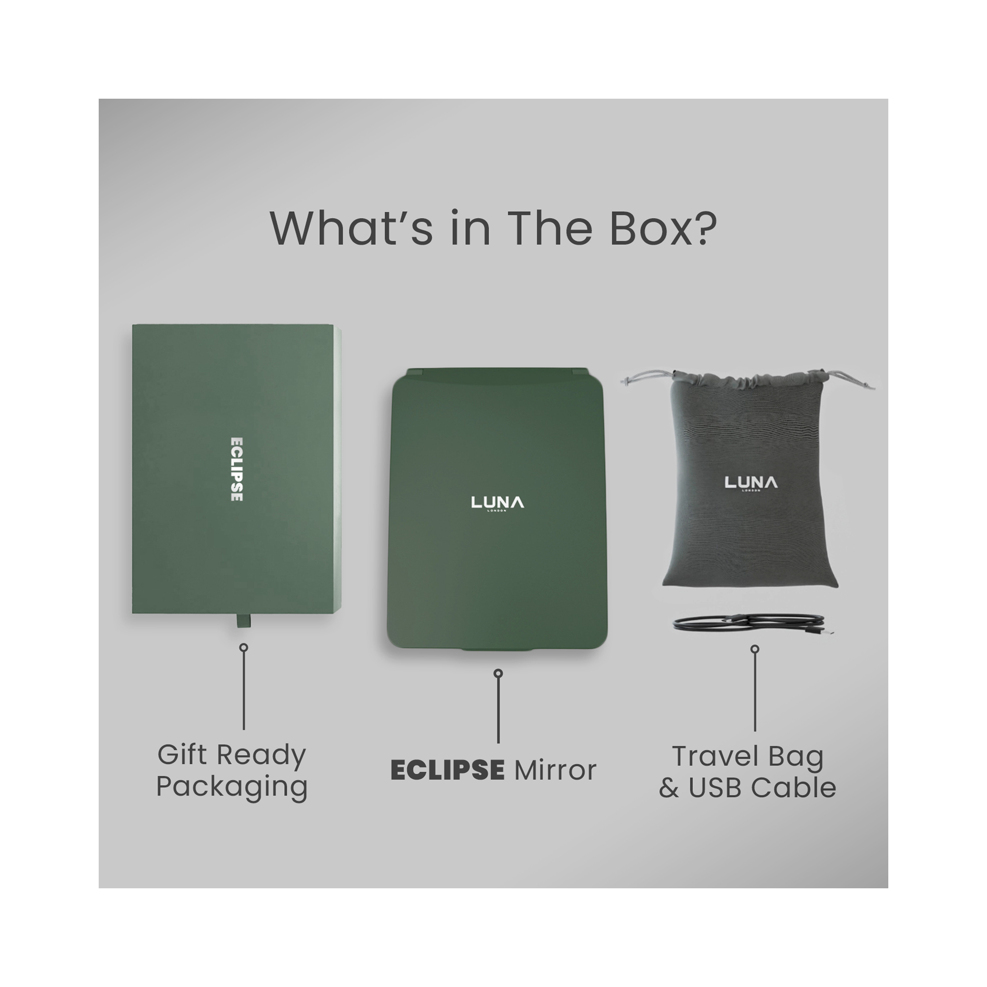 LUNA London ECLIPSE Rechargeable LED Travel Mirror with 3 Light Modes / FOREST GREEN