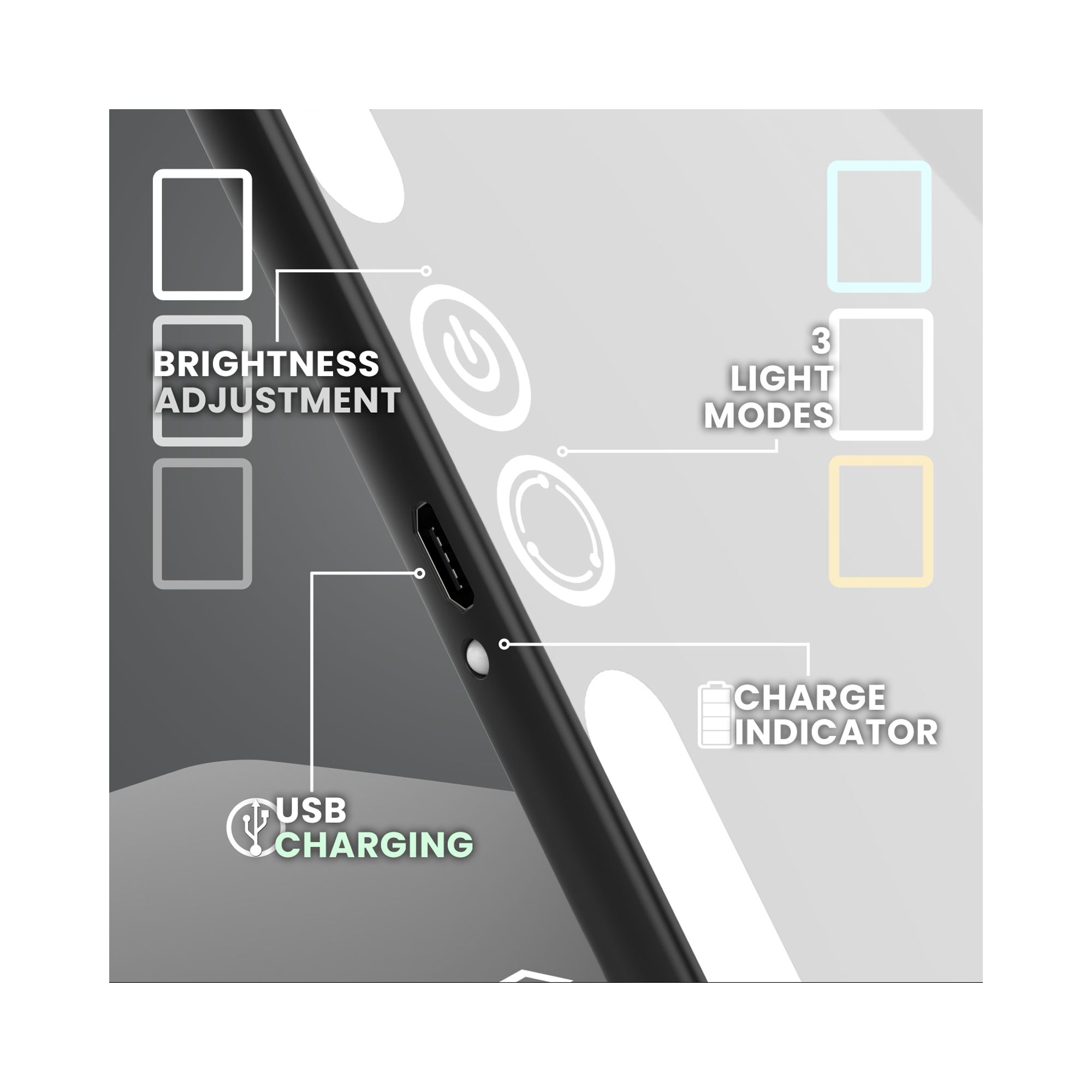 LUNA London ECLIPSE Rechargeable LED Travel Mirror with 3 Light Modes / MATTE BLACK