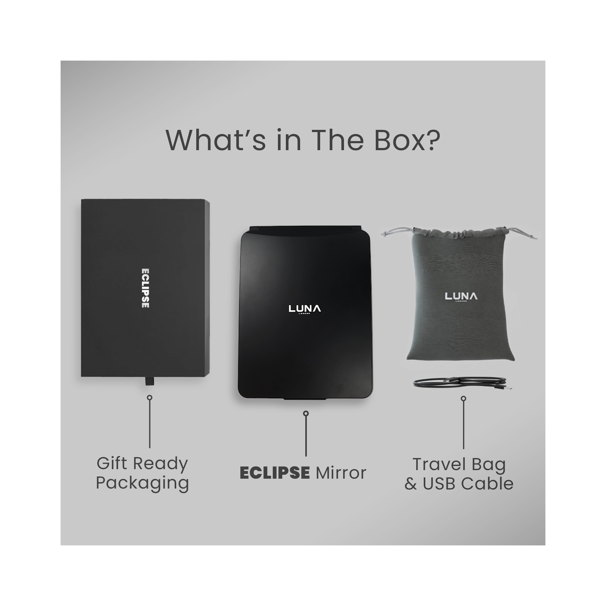 LUNA London ECLIPSE Rechargeable LED Travel Mirror with 3 Light Modes / MATTE BLACK