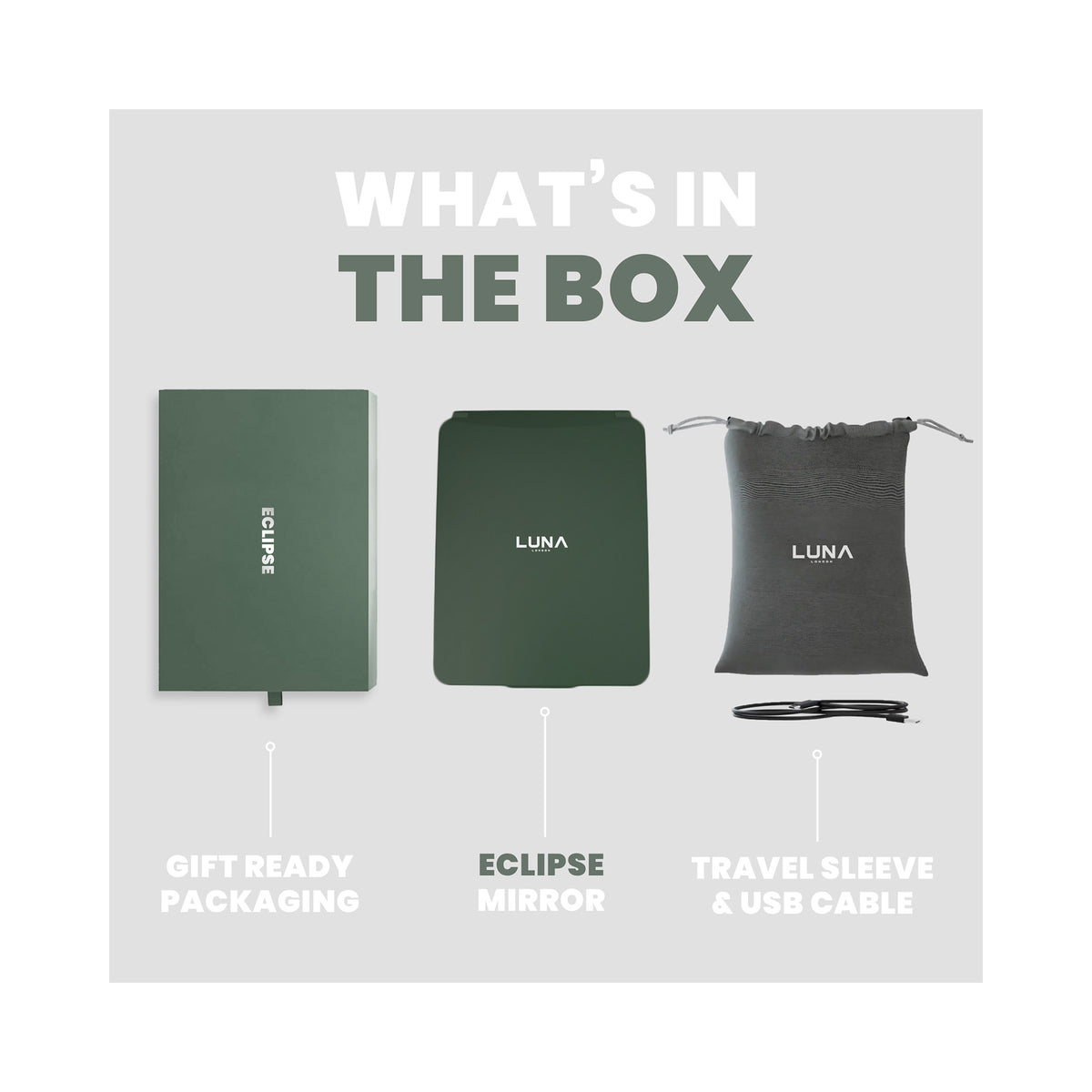 LUNA London ECLIPSE Rechargeable LED Travel Mirror with 3 Light Modes / FOREST GREEN, image 46179655123094