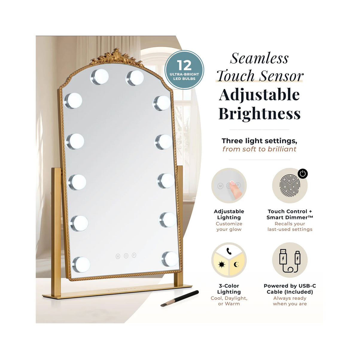 Zadro LED Lighted Hollywood Mirror with Gold Decor HLSDRZGD / GOLD