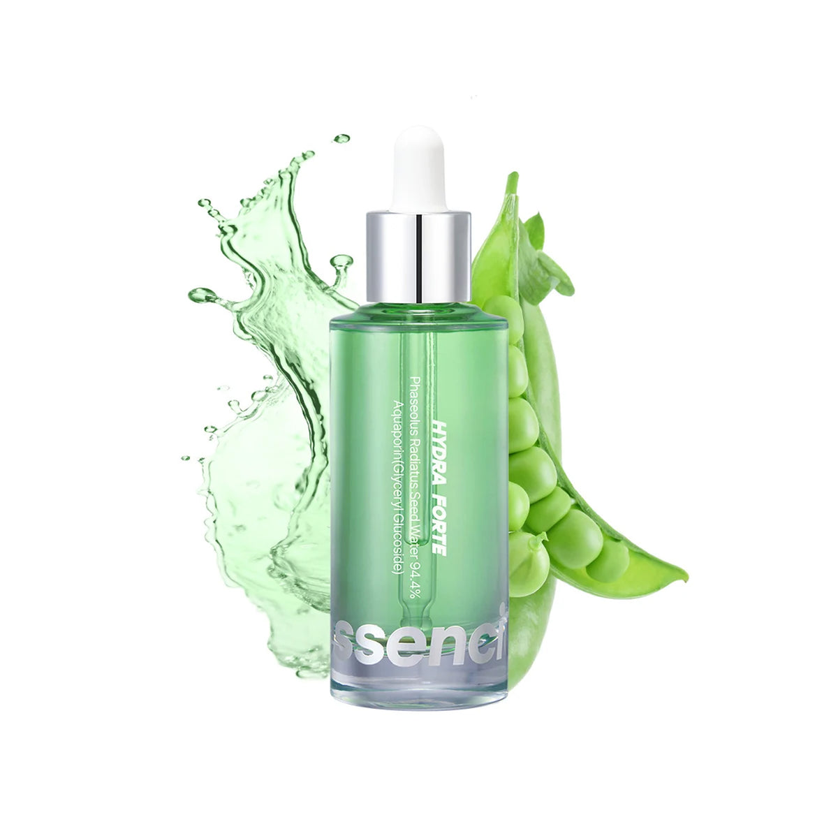 Essenciel Hydra Forte Ampoule 1.69 oz, green bottle with white dropper and green water splash with pea pods, image 46267809366166