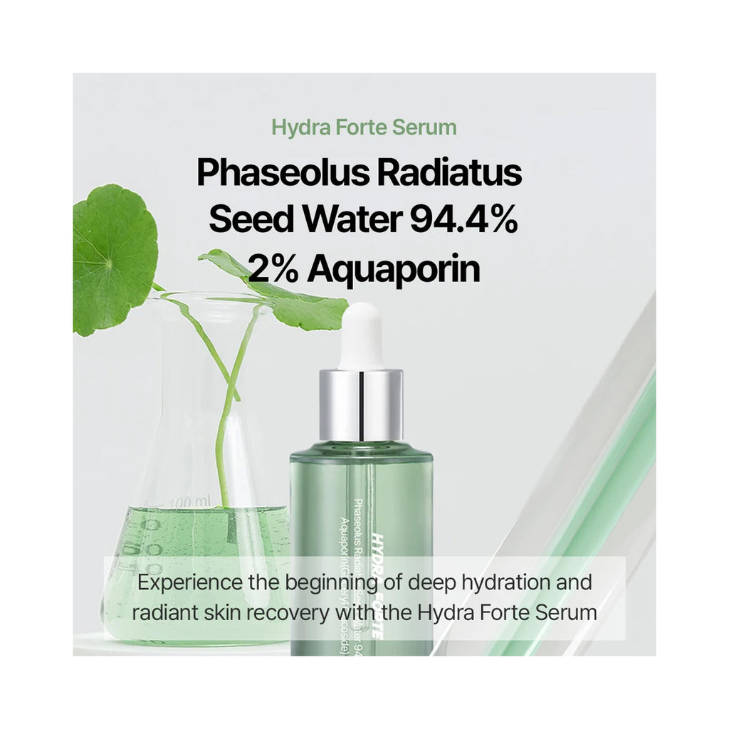 Hydra Forte Serum bottle in a pale green glass bottle with a silver dropper cap, with key ingredients 'phaseolus radiatus seed water 94.4%' and '2% aquaporin' thumbnail 5