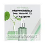 Hydra Forte Serum bottle in a pale green glass bottle with a silver dropper cap, with key ingredients 'phaseolus radiatus seed water 94.4%' and '2% aquaporin'