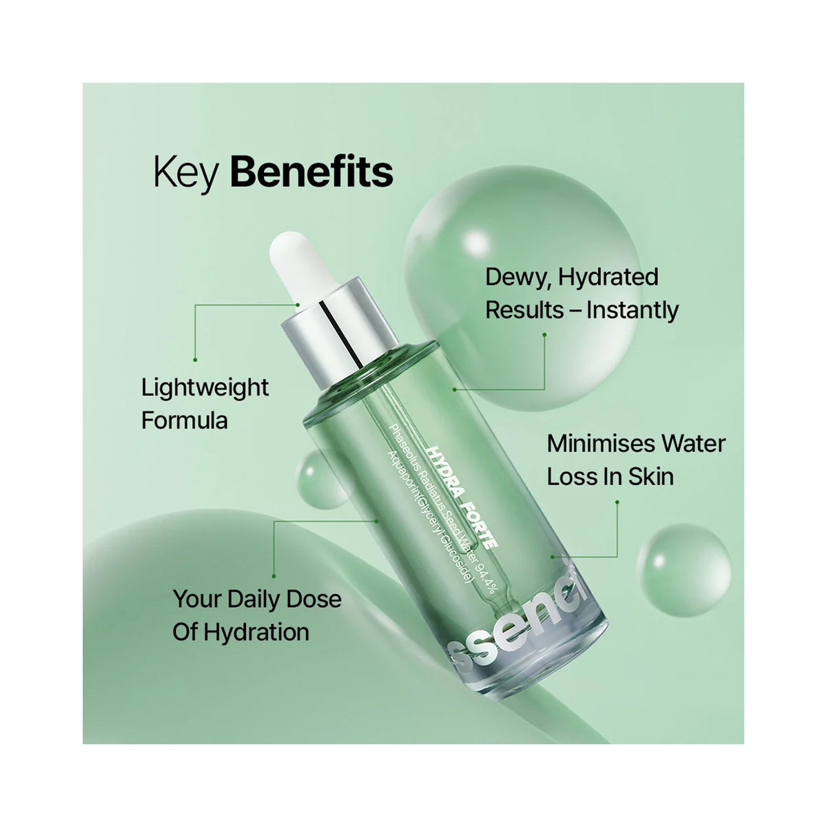 Essenciel Hydra Forte Ampoule with callout text highlighting key benefits such as lightweight formula, dewy hydrated results, and minimizes water loss in skin., image 46267809530006