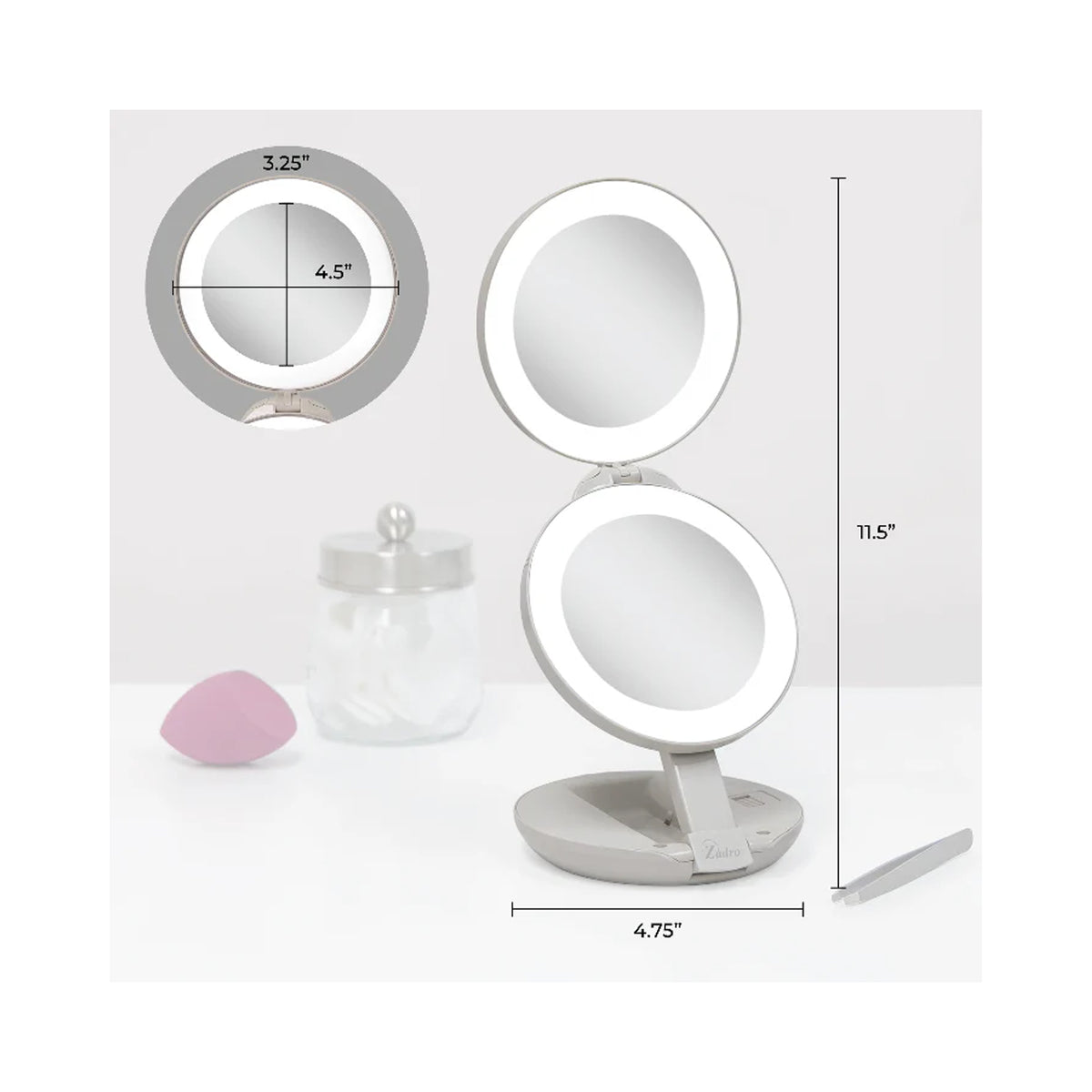 Zadro 4.75" Round Dual LED Lighted Travel Mirror 10X 1X / NEUTRAL - LEDT01, image 32644826955926