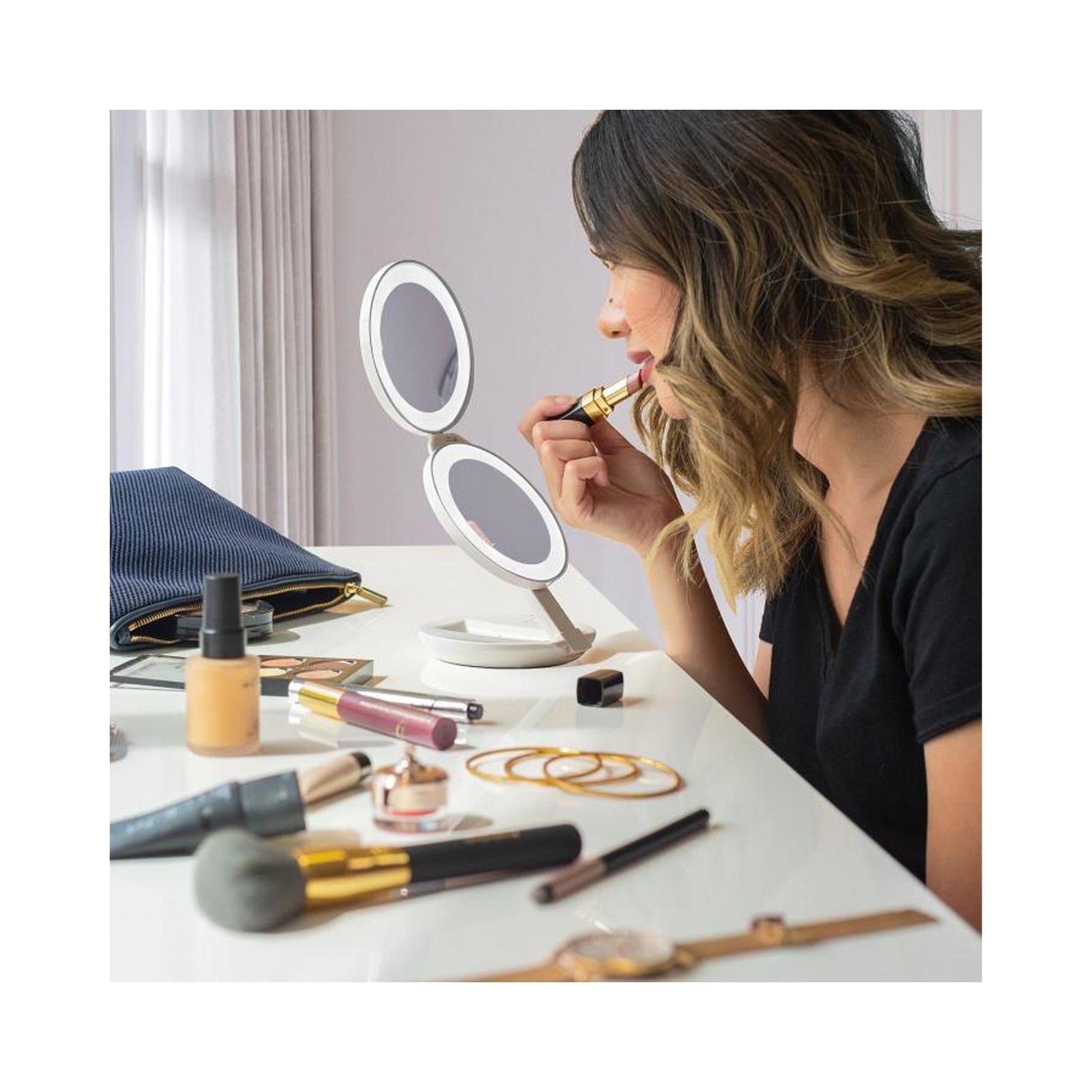 Zadro 4.75" Round Dual LED Lighted Travel Mirror 10X 1X / CINNAMON SLATE - LEDT01CIN