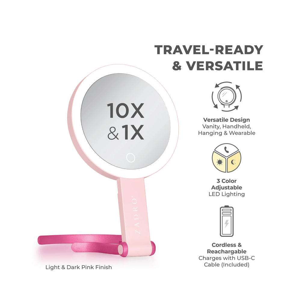 Zadro LED Lighted Travel-Ready Hand Mirror with Magnification & Multi-Position Stand 10X 1X / BLACK - LEDTN10BK