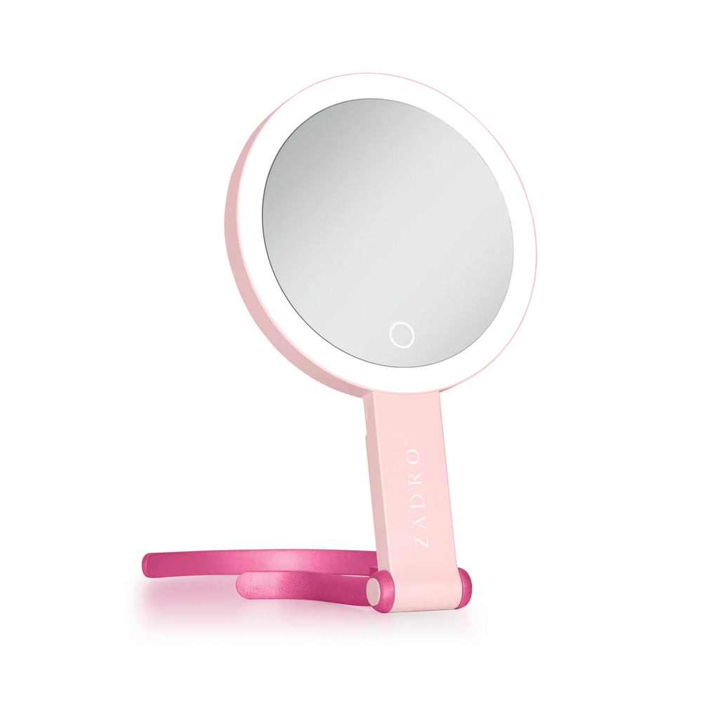 Zadro LED Lighted Travel-Ready Hand Mirror with Magnification & Multi-Position Stand 10X 1X / PINK - LEDTN10PK