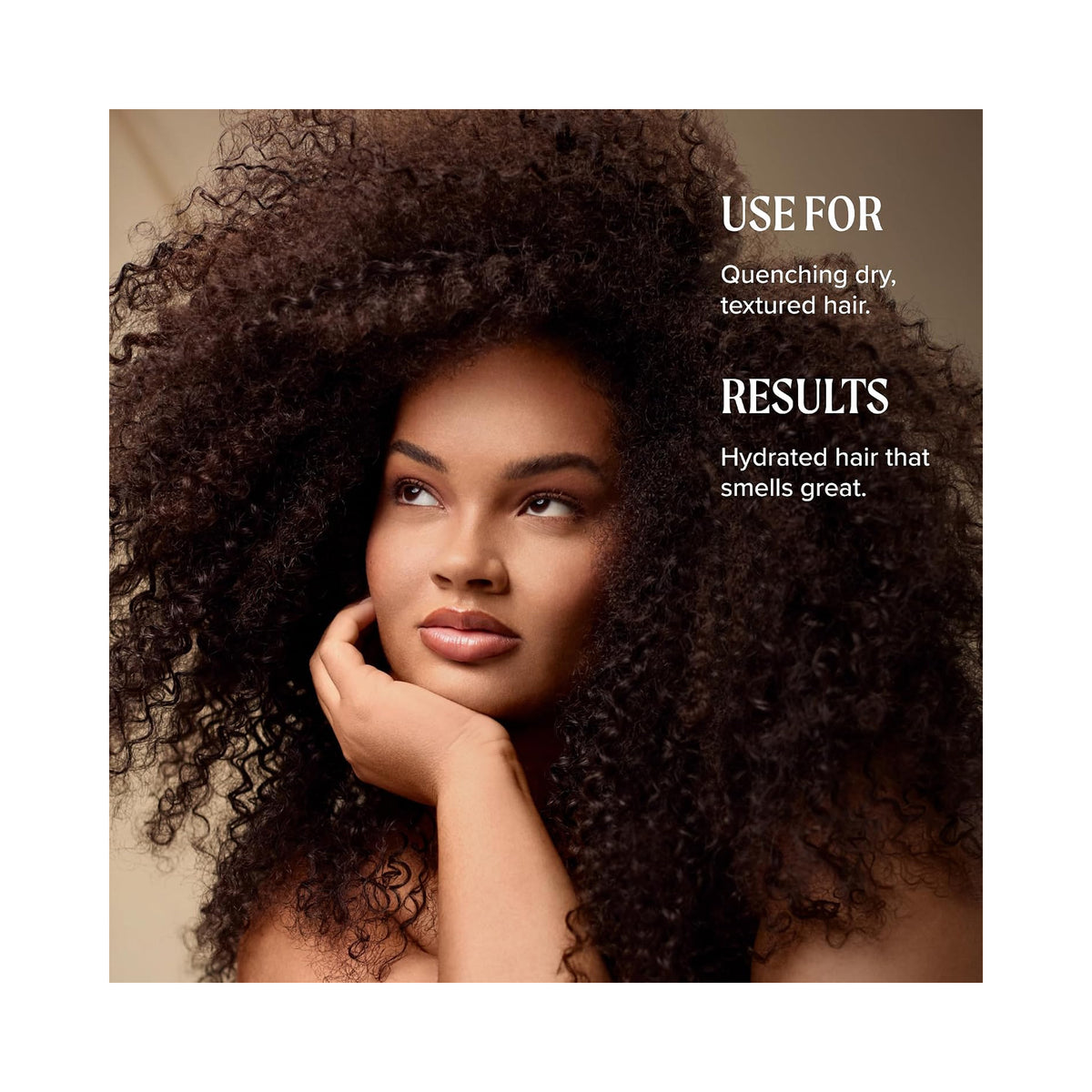 a woman with voluminous dark curly hair, with text reading 'USE FOR Quenching dry, textured hair.' and 'RESULTS Hydrated hair that smells great., image 46270042144918