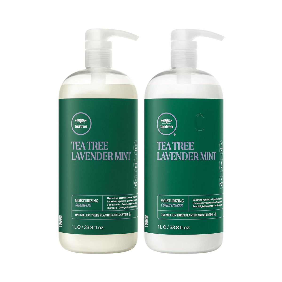 Paul Mitchell Tea Tree Lavender Mint Shampoo & Conditioner Liter Duo, two green bottles with pumps