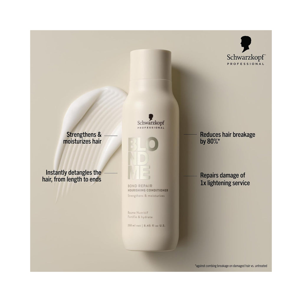 Schwarzkof Professional BLONDME Bond Repair Nourishing Conditioner 8.45 oz beige bottle with benefits listed thumbnail 2