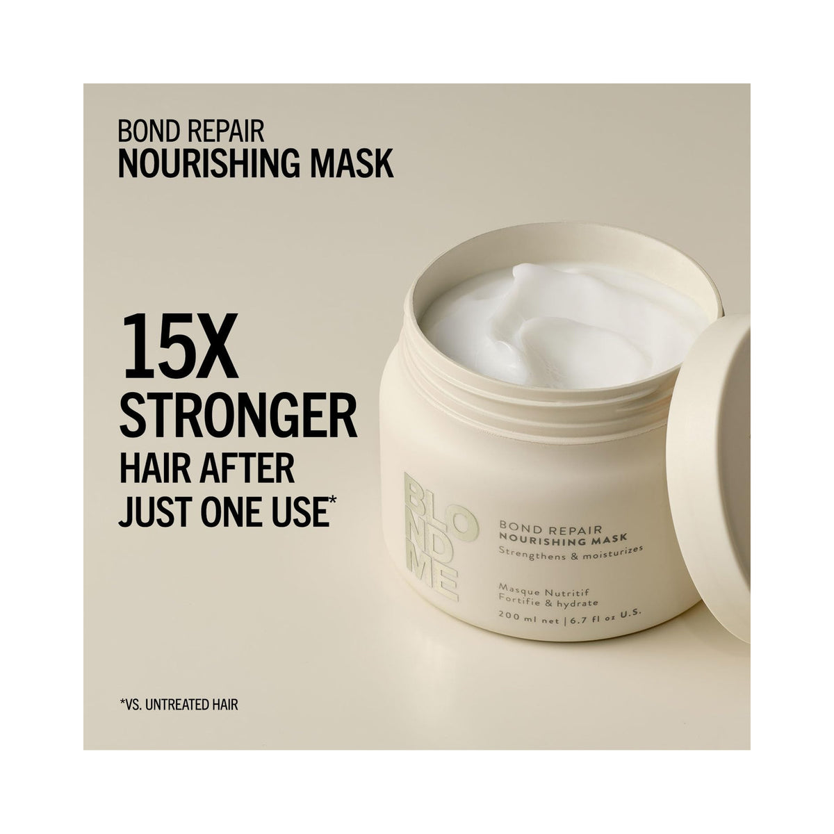 Schwarzkof Professional BLONDME Bond Repair Nourishing Mask 6.7oz beige jar opened, stronger hair after 1 use, image 46267566555286