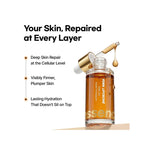 Essenciel PDRN Liposome Ampoule in a clear glass bottle with a gold dropper cap with marketing text about skin repair and hydration.