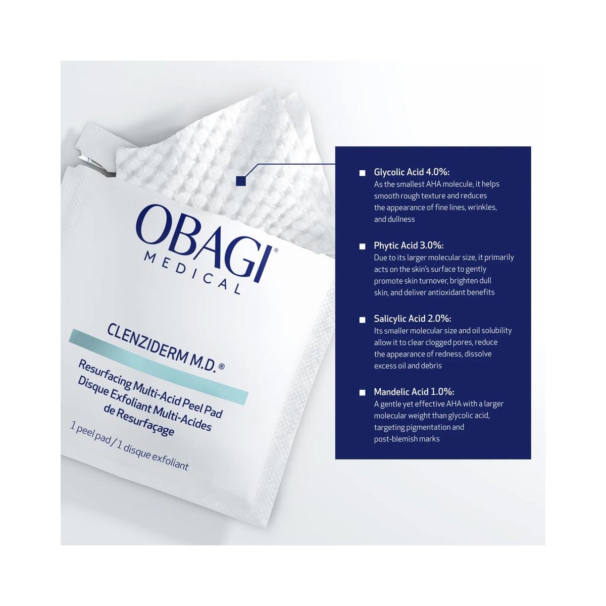 Obagi Clenziderm M.D. Resurfacing Multi-Acid Peel Pads, glycolic acid 4%, phytic acid 3%, salicylic acid 2%, mandelic acid 1%, image 46265622659222