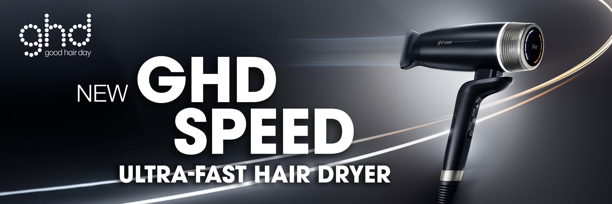 GHD Speed ultra-fast hair dryer on a dark background with GHD logo.