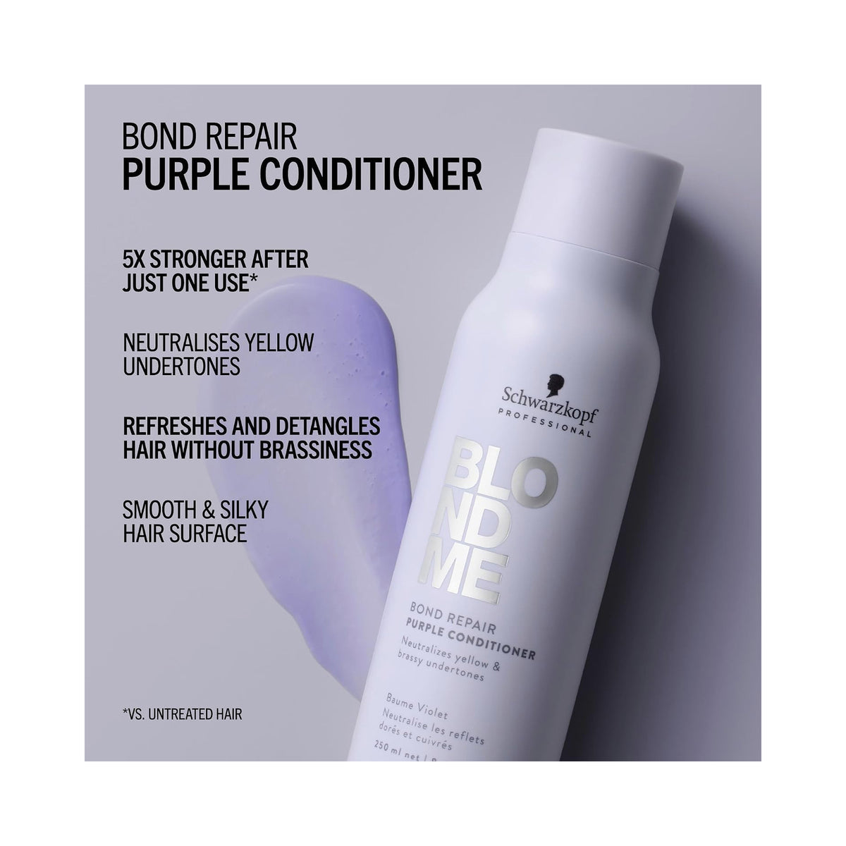 Schwarzkopf Professional BLONDME Bond Repair Purple Conditioner, purple bottle with benefits listed, image 46267655749782