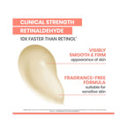  texture swatch with text highlighting clinical strength, retinaldehyde, visibly smooth and firm appearance of skin, and fragrance-free formula suitable for sensitive skin.