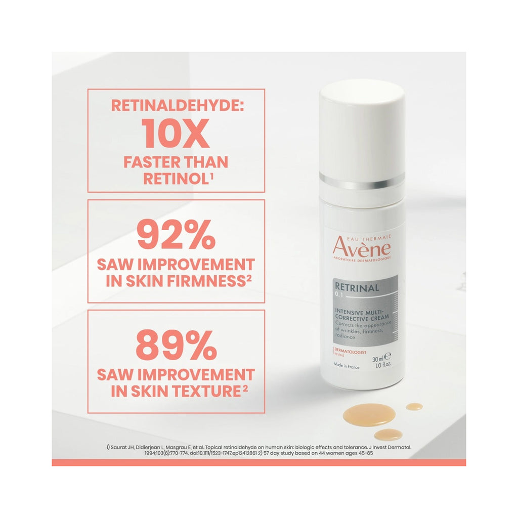 A bottle of Avène Retinal cream highlighting key benefits: 10x faster than retinol, 92% improvement in skin firmness, and 89% improvement in skin texture. thumbnail 2