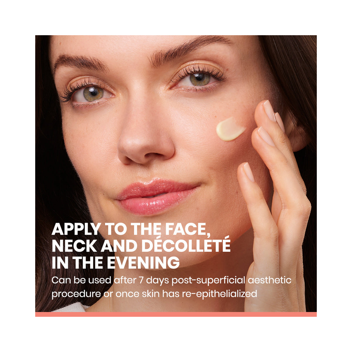 Close-up of a woman applying a cream product to her cheek, with text overlay that reads 'APPLY TO THE FACE, NECK AND ÉCOLLETÉE IN THE EVENING', image 46243901472918