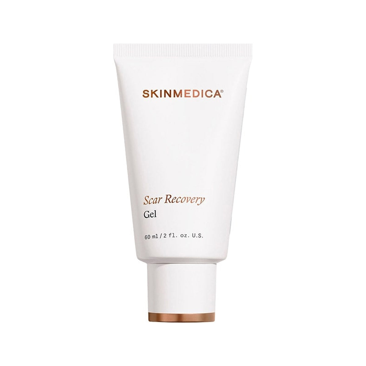 A white squeeze tube of SKINMEDICA Scar Recovery Gel with rose gold lettering and a matching cap, centered on a plain white background.