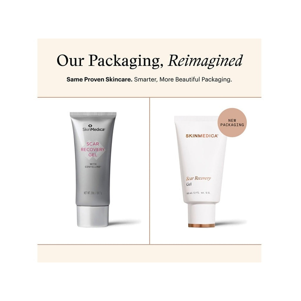 Two skincare tubes from SkinMedica on a clean white background with a beige header reading 'Our Packaging, Reimagined.' The left tube is metallic silver with pink text, and the right tube is white with gold text and a small beige 'New Packaging' badge. thumbnail 2