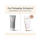 Two skincare tubes from SkinMedica on a clean white background with a beige header reading 'Our Packaging, Reimagined.' The left tube is metallic silver with pink text, and the right tube is white with gold text and a small beige 'New Packaging' badge.