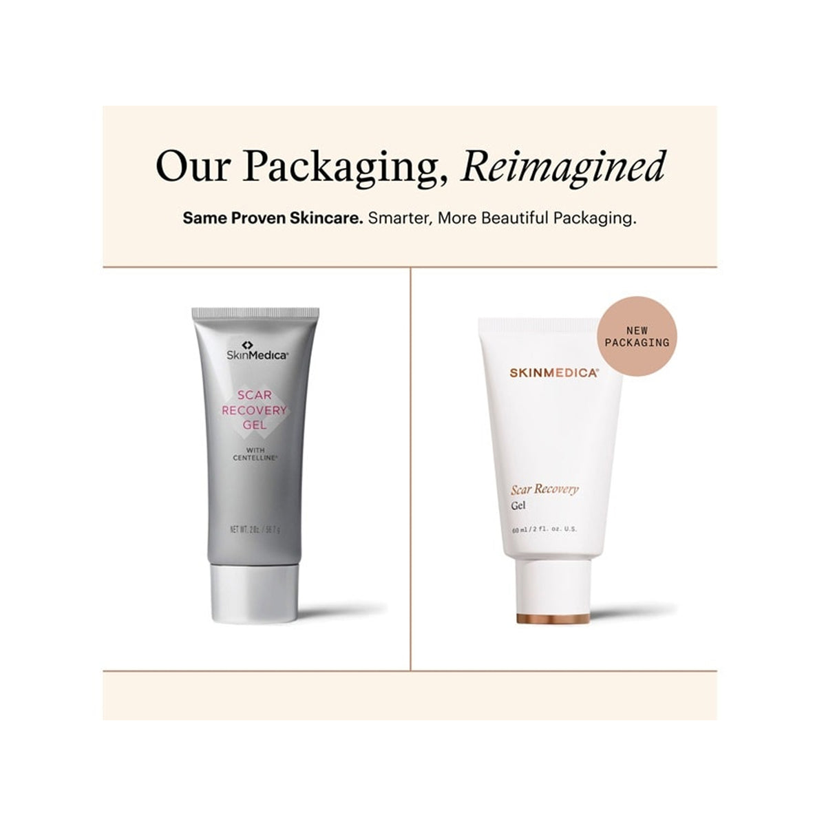 Two skincare tubes from SkinMedica on a clean white background with a beige header reading 'Our Packaging, Reimagined.' The left tube is metallic silver with pink text, and the right tube is white with gold text and a small beige 'New Packaging' badge., image 32958177509526