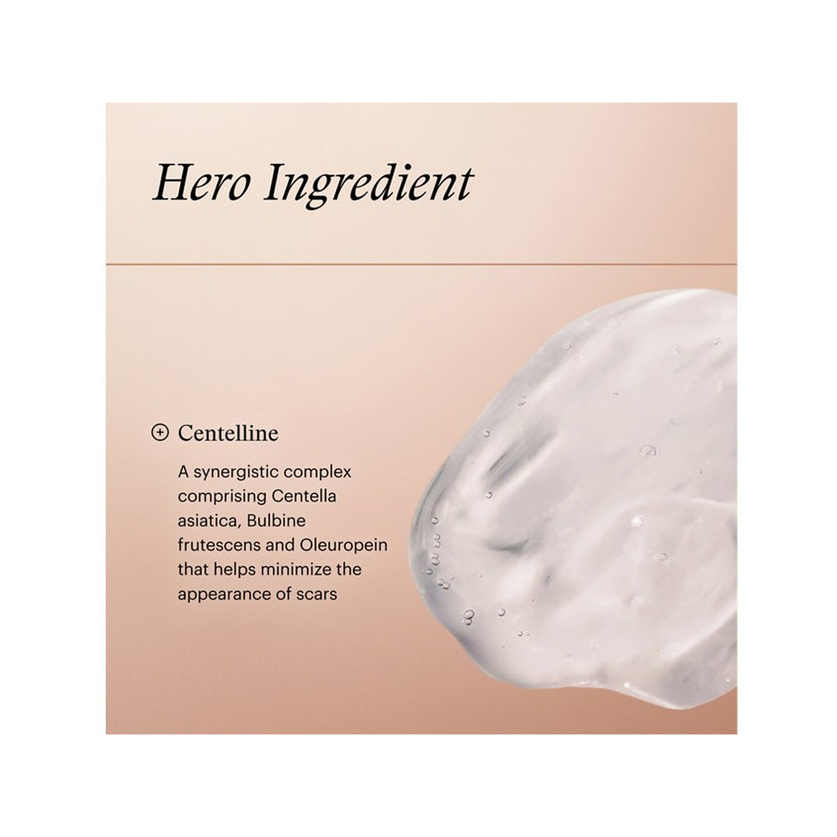 A beige and peach promotional graphic with the heading 'Hero Ingredient' and text about Centelline, alongside a translucent gel swatch on the right., image 32958177476758