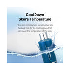 A blue skincare bottle with a silver cap partially submerged in water, with promotional text above reading 'Cool Down Skin's Temperature'