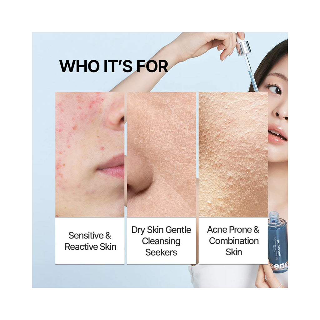 Essenciel Soothe Forte Ampoule graphic with the text 'WHO IT'S FOR' above three close-up skin panels labeled 'Sensitive & Reactive Skin,' 'Dry Skin Gentle Cleansing Seekers,' and 'Acne Prone & Combination Skin.' thumbnail 6