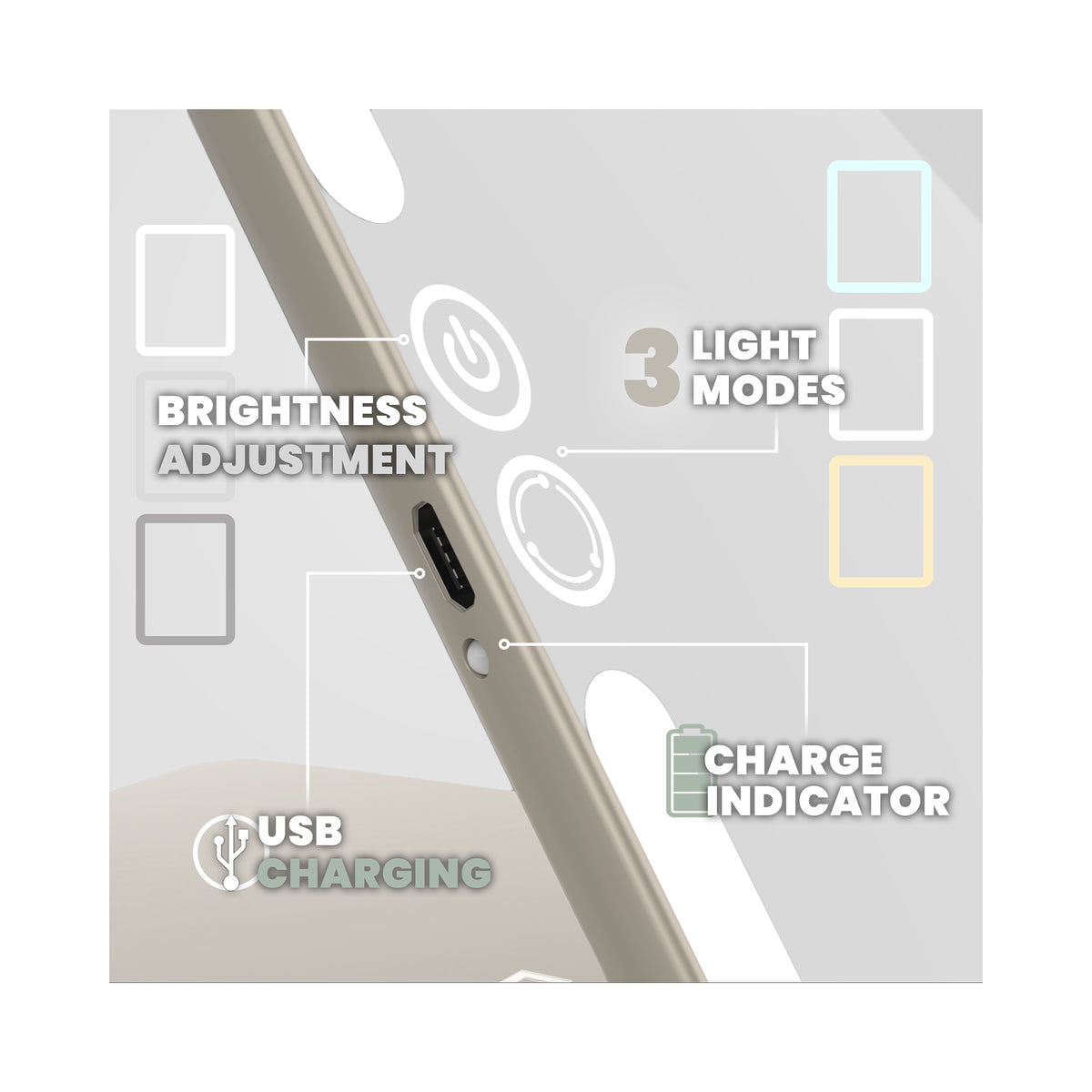 LUNA London ECLIPSE Rechargeable LED Travel Mirror with 3 Light Modes / SOFT STONE, image 46179660791958