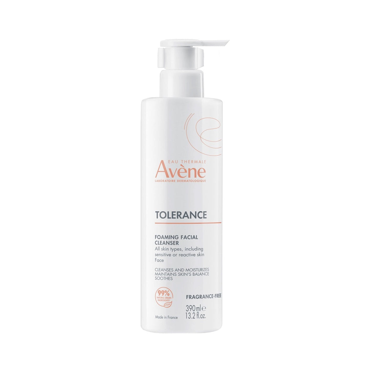 A 13.2 oz white bottle of Avene Tolerance Foaming Facial Cleanser with a white pump dispenser, shown on a plain white background.