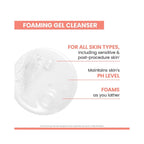 Promotional graphic for foaming gel cleanser on a white background, with a translucent white circular gel sample and text stating it is for all skin types, maintains skin's pH level, and foams as you lather.