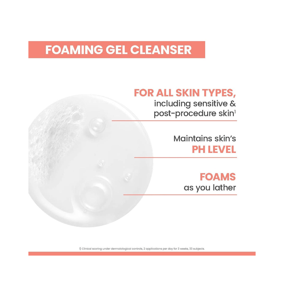 Promotional graphic for foaming gel cleanser on a white background, with a translucent white circular gel sample and text stating it is for all skin types, maintains skin's pH level, and foams as you lather., image 46243654992022