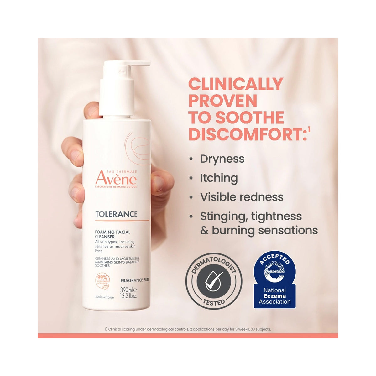 A bottle of Avene Tolerance Foaming Facial Cleanser is shown being held by a hand against a soft beige background, with promotional text on the right listing skin benefits and certification badges., image 46243655024790