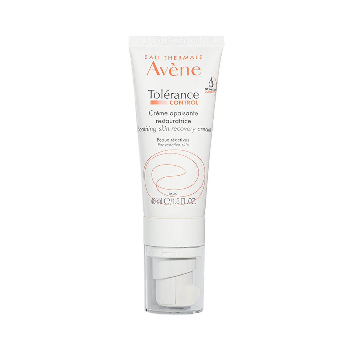 A 1.3 oz tube of Avene Tolerance Control soothing skin recovery cream, featuring a white pump tube with a clear cap