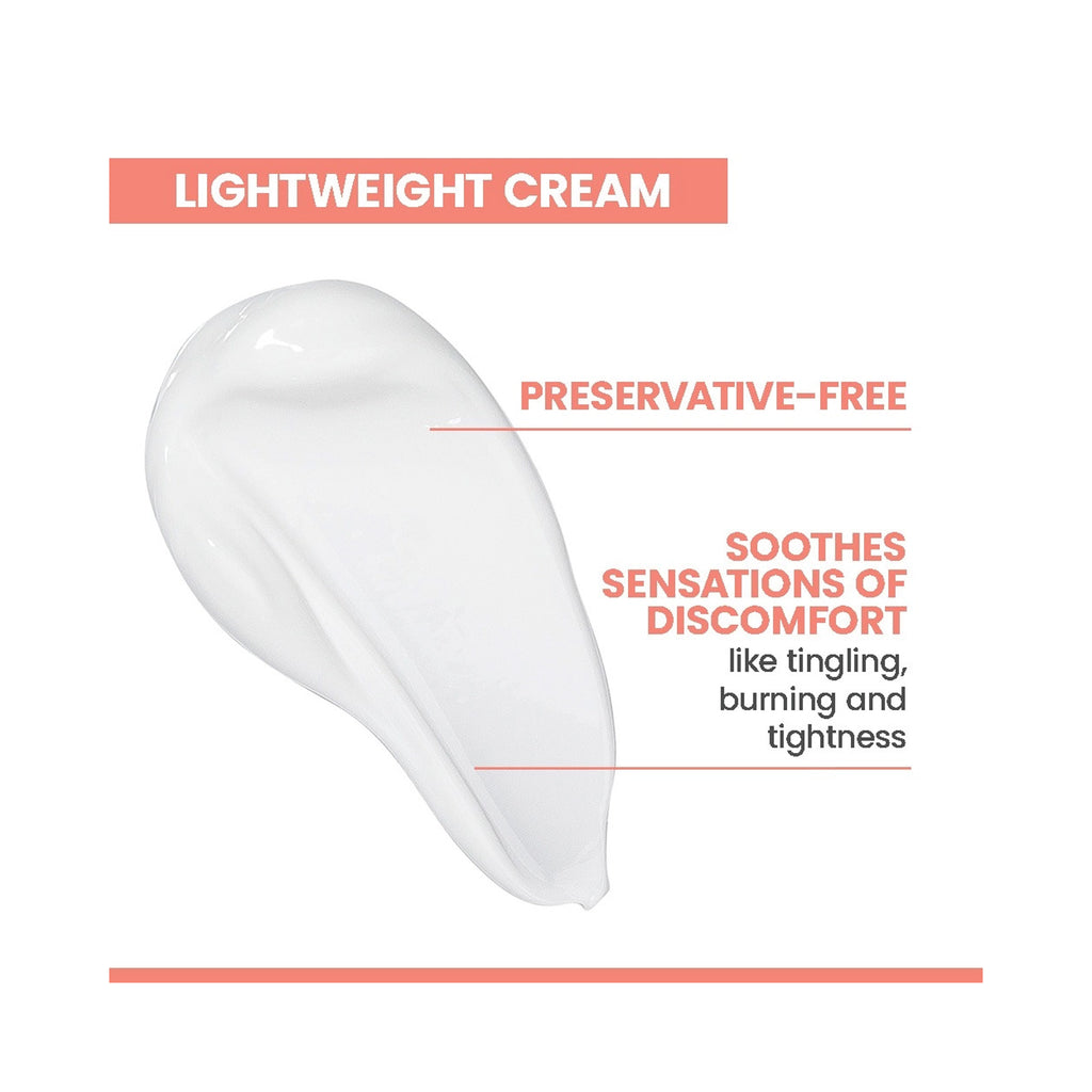 A white cream smear on a white background with text reading 'LIGHTWEIGHT CREAM', 'PRESERVATIVE-FREE', and 'SOOTHES SENSATIONS OF DISCOMFORT like tingling, burning and tightness'. thumbnail 2