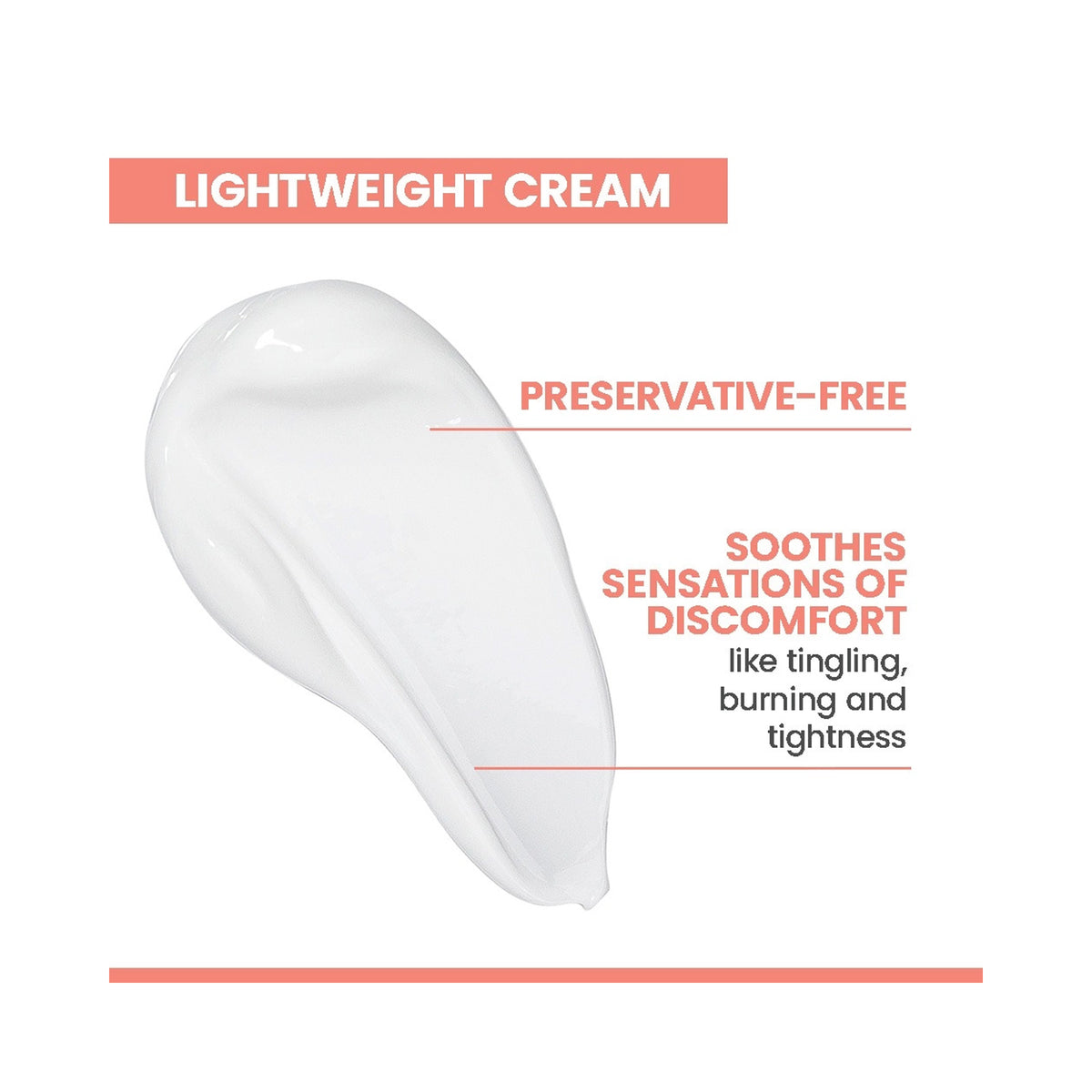 A white cream smear on a white background with text reading 'LIGHTWEIGHT CREAM', 'PRESERVATIVE-FREE', and 'SOOTHES SENSATIONS OF DISCOMFORT like tingling, burning and tightness'., image 46243835543702